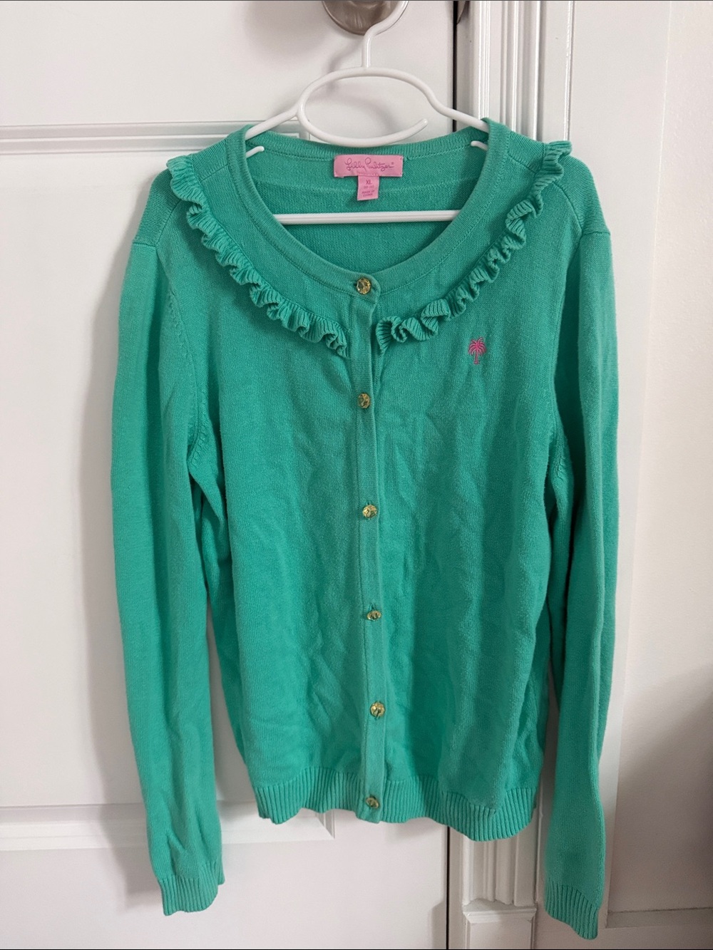 Lilly Pulitzer Teal Ruffle-Trim Cardigan with Gold Buttons